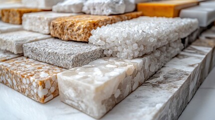 Poster - Varied Textures of Natural Stone Samples Displayed on a Table for Interior Design Inspiration