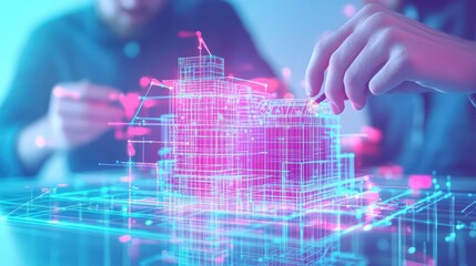 Poster - Futuristic building design visualization with hands manipulating a digital model, showcasing innovation in architecture.