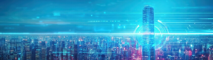 Poster - Futuristic city skyline illuminated by digital technology and vibrant neon lights. Perfect for themes of innovation and urban life.