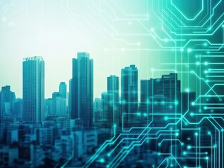 Poster - Futuristic cityscape with digital circuit design, symbolizing technology and urban development in a modern environment.