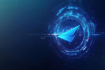 Poster - Futuristic digital design featuring a blue arrow surrounded by a glowing circular pattern on a dark background.