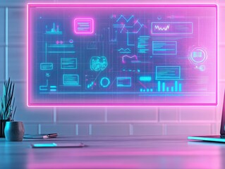 Aufkleber - Futuristic digital interface with neon colors, showcasing data analysis and business analytics concepts in a modern workspace.