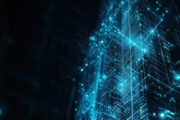 Poster - Futuristic digital landscape featuring glowing blue lines and nodes, representing technology, data, and innovation.