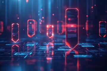 Poster - Futuristic digital landscape with glowing neon elements, representing advanced technology and data connectivity in a virtual environment.