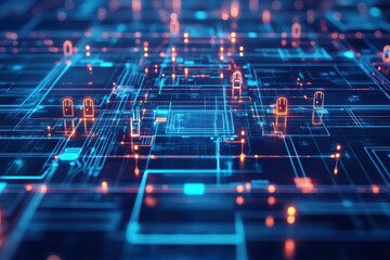 Poster - Futuristic digital network illustration showcasing interconnected lines and glowing locks, symbolizing data security.