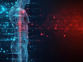Poster - Futuristic human figure design with glowing lines representing bio-data and technology in contrasting blue and red hues.