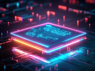 Poster - Futuristic microchip with neon lights, representing advanced technology and digital innovation in a captivating design.