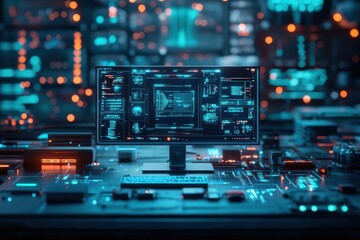 Poster - Futuristic workspace with glowing screens and digital interfaces, showcasing modern technology and innovation.