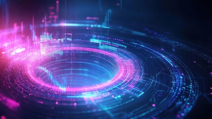 Poster - Vibrant abstract digital background featuring futuristic circles and glowing lines in pink and blue hues.