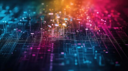 Poster - Vibrant abstract digital background featuring colorful lines and nodes, perfect for technology and innovation themes.