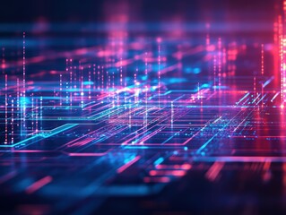 Poster - Vibrant abstract digital landscape with glowing lines and particles, representing technology, data, and futuristic concepts.