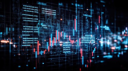 Fototapete - Vibrant data visualization depicting financial trends, stats, and digital analytics on a futuristic interface.