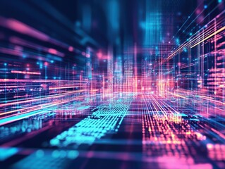 Poster - Vibrant digital abstract background showcasing dynamic lines and patterns in pink and blue hues, ideal for technology themes.