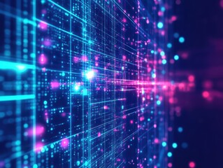 Poster - Vibrant digital background featuring abstract glowing lines and dots in blue and pink colors, ideal for technology concepts.
