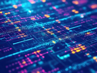 Poster - Vibrant digital abstraction showcasing glowing lines and patterns, representing technology and innovation in a futuristic design.