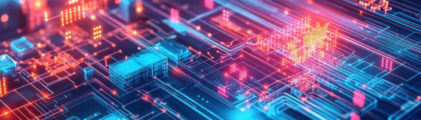 Poster - Vibrant digital abstract concept showcasing advanced technology with glowing lines, circuits, and futuristic elements.