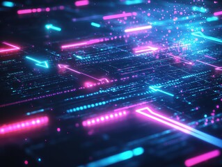 Poster - Vibrant neon lines and particles create a dynamic digital landscape, representing technology and innovation.