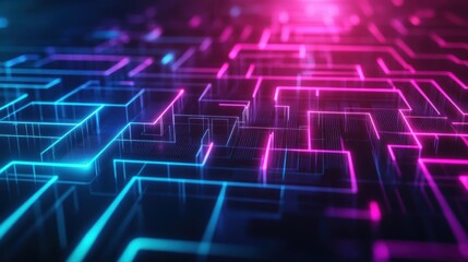 Poster - Vibrant neon maze pattern with glowing lines creating a mesmerizing digital landscape, perfect for technology and abstract themes.