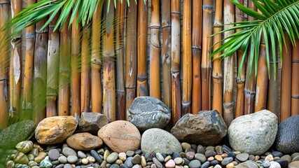Poster - Serene Garden Scene with Bamboo Fence, Smooth Stones, and Pebbles Tranquil Outdoor Oasis with Lush Green Palm Leaves and Natures Touch