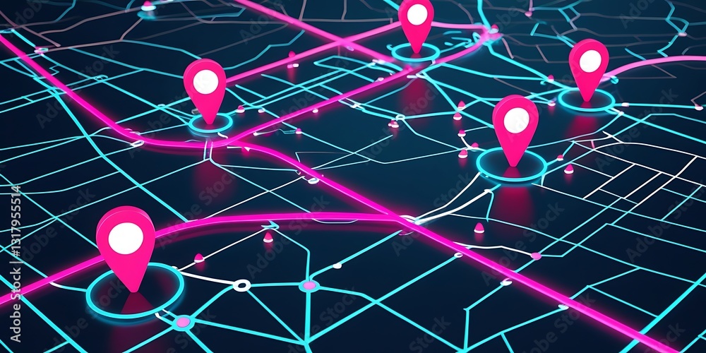 Digital city map with multiple GPS location pins in neon colors ...
