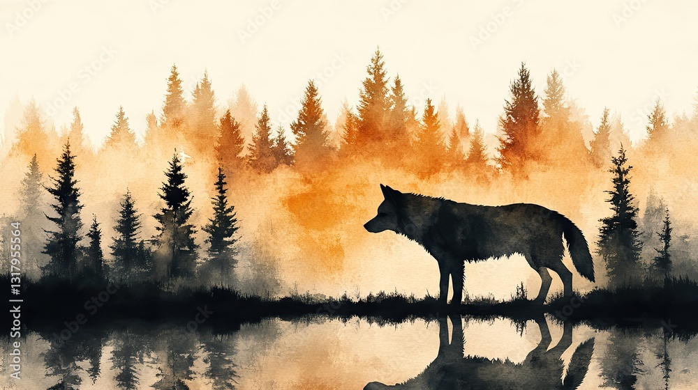 double exposure wolf and forest clipart watercolor illustration ...