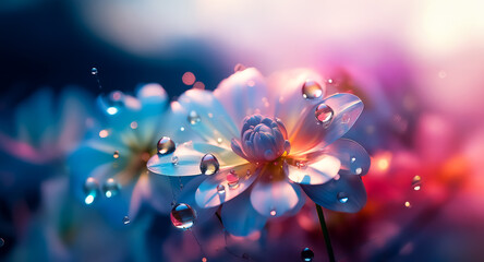 Wall Mural - a delicate flower with water droplets sparkles in soft light against a blurred backdrop of blue, pin