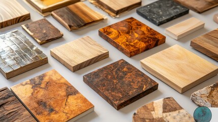 Poster - Various wood and stone samples displayed on a surface, showcasing textures and colors for design use