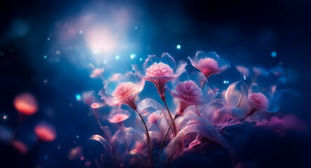 Canvas Print - dreamy pink blossoms softly glow in a dark blue bokeh night. magical flowers are illuminated against