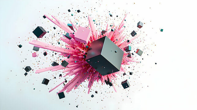 Abstract explosion of pink pixelated lines and black cubes on white background with scattered colorful dots