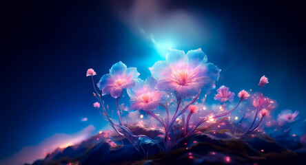 Canvas Print - ethereal flowers with luminous petals bloom in a dark and dreamy landscape. soft pink and blue hues 