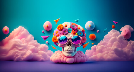 Poster - Vibrant skull with flowers and sunglasses surrounded by pink clouds and playful shapes against a bright blue background.