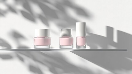 Poster - three elegant pink nail polish bottles on a minimalist shelf with soft shadows and light background