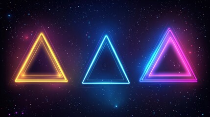 Fototapete - Vibrant neon triangles glowing against a cosmic starry background, creating a futuristic ambiance