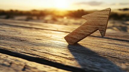 Poster - Wooden arrow pointing upwards on a sunlit wooden surface, symbolizing direction and hope