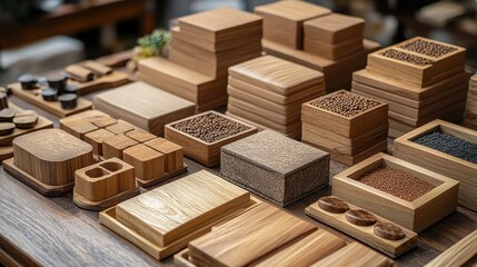 Poster - Various wooden boxes and containers displayed on a table in a cozy workshop setting