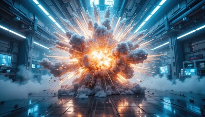 Poster - Dramatic Explosion in High-Tech Environment with Colorful Flames and Smoke