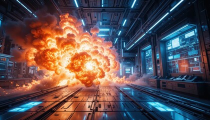 Poster - Dramatic Explosion Scene in Futuristic Industrial Environment