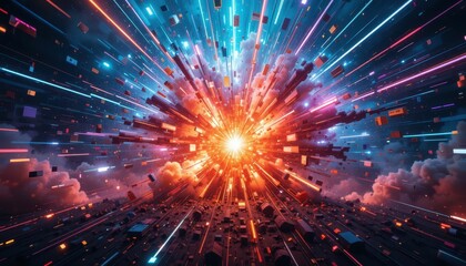 Poster - Vibrant Explosion with Colorful Light Rays and Dynamic Particles