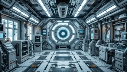 Poster - Futuristic Control Room with High-Tech Equipment and Bright Lighting