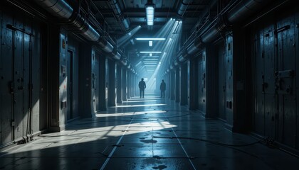 Poster - Mysterious Corridor with Light Rays and Shadows in Dark Environment