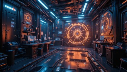 Poster - Futuristic Sci-Fi Lab Interior with Neon Lights and Technology Elements