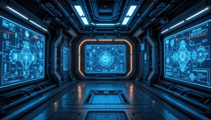 Poster - Futuristic Sci-Fi Room with High-Tech Displays and Neon Lighting