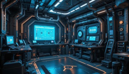 Poster - Futuristic Control Room with High-Tech Monitors and Neon Lighting