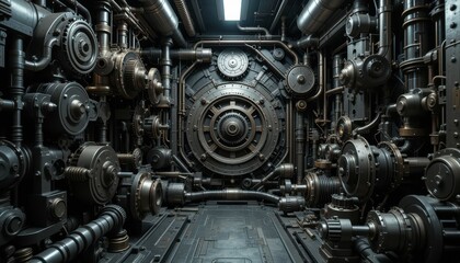 Poster - Intricate Industrial Machinery with Pipes and Gears in Dark Setting