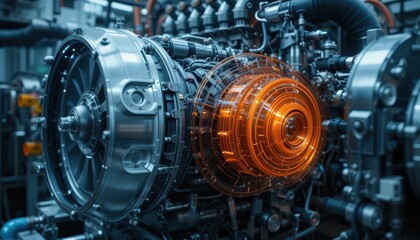 Poster - High-Tech Engine Component with Transparent Design and Digital Elements