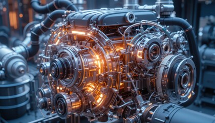 Poster - High-Tech Engine Detail with Glowing Elements and Intricate Design