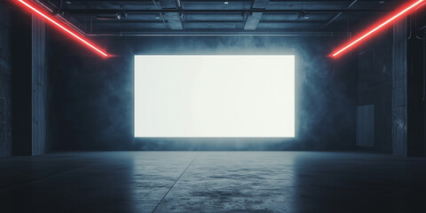 Aufkleber - large illuminated screen in dark industrial room with red neon lights