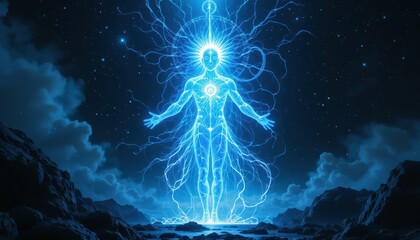 Poster - Ethereal Energy Figure Illuminates Cosmic Landscape at Night
