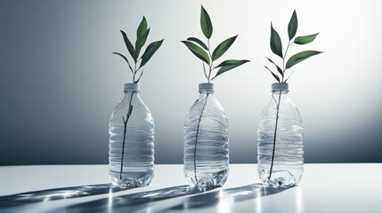 Poster - Three transparent bottles with green plants emerging, set against a softly lit background