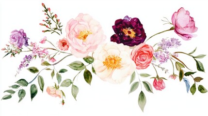  A vibrant arrangement of various flowers featuring soft pinks, whites, and purples, complemented by green leaves, creating a fresh and elegant floral display.